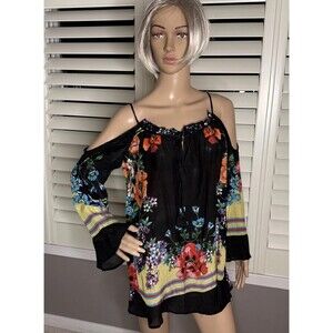 JOHNNY WAS Garden Cold Shoulder Top Boho Floral Embroidered Blouse Cupra Size M
